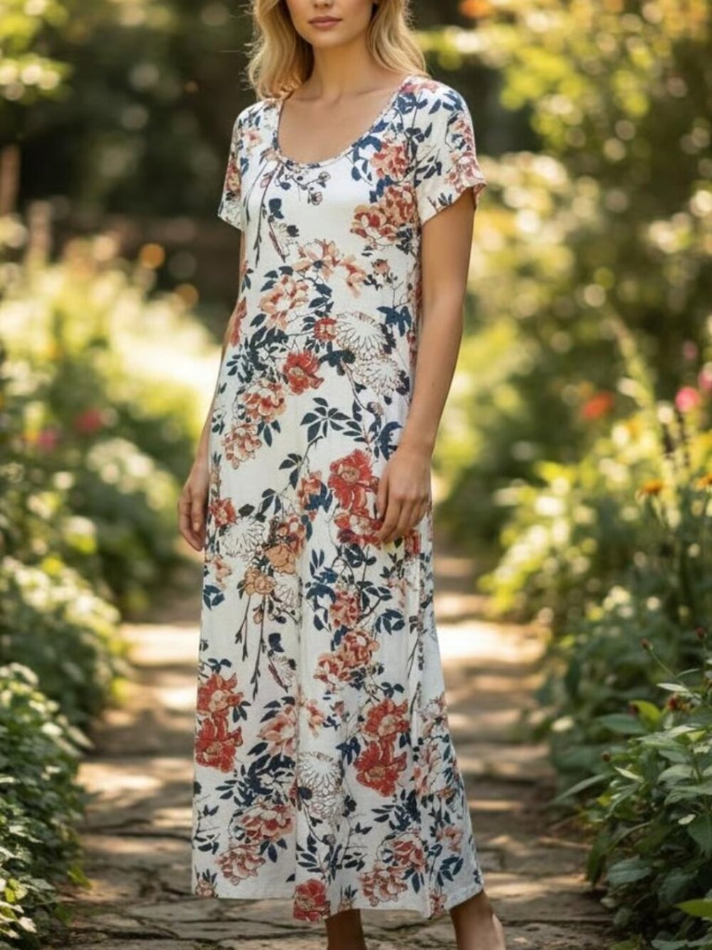 Peruvian Connection Folk Flower midi dress stretch cotton modal cottagecore L